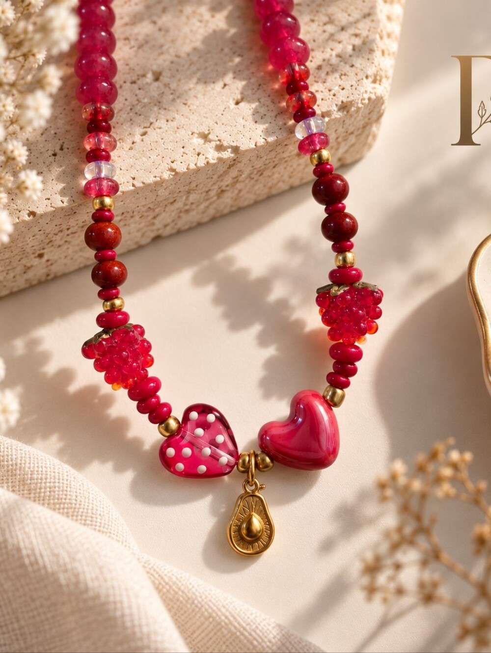 Handcrafted Red Pink Beaded Heart Necklace - Women Jewelry